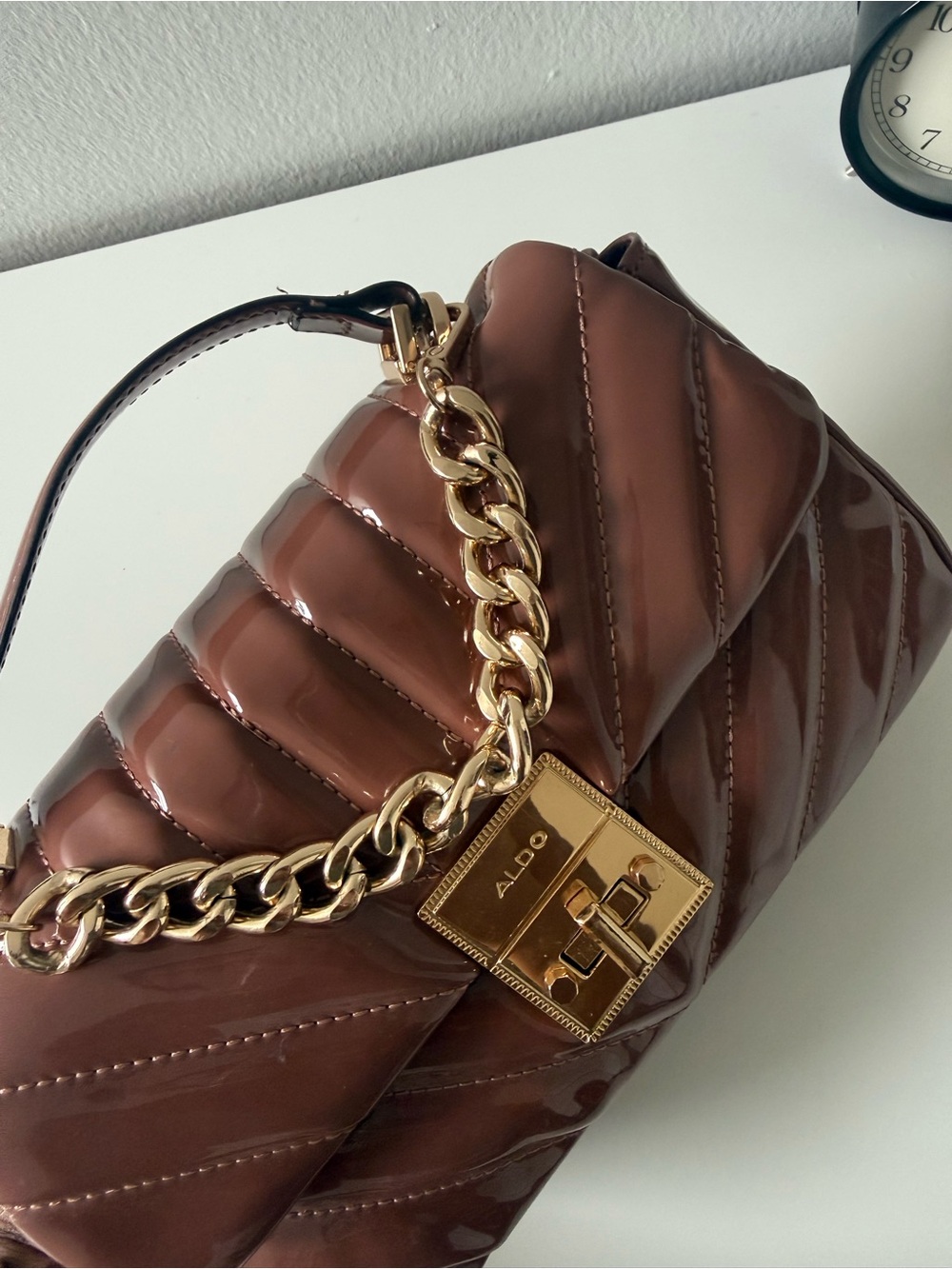 Aldo Patent Quilted Chestnut Shoulder Bag with Gold Chain